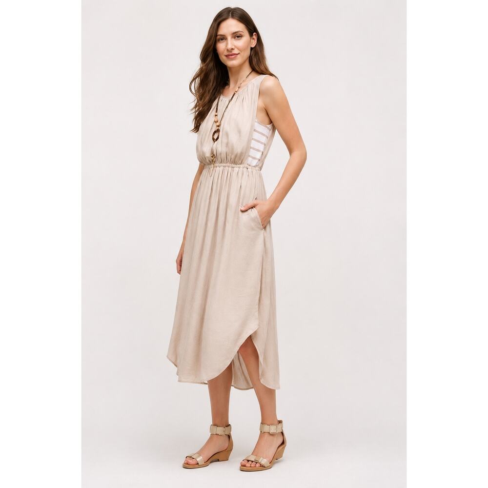 Anthropologie Dolan Left Coast Midi Shark Bite Hem Tank Dress Women XS Tan White